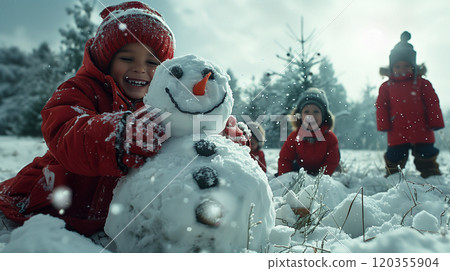 Happy Children Building A Christmas Snowman Outside In The Snow. Generative AI. 120355904