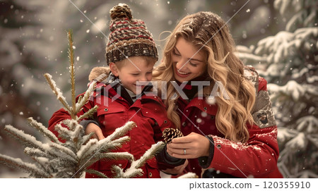 Warmly Dressed Mother and Son Outside in the Snow and Hanging A Christmas Ornaments On A Tree. Generative AI. 120355910