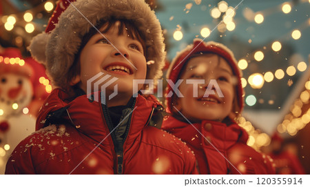Warmly Dressed Happy Children Outside In The Evening Enjoying the Christmas Decorations In Their Town. Generative AI. 120355914