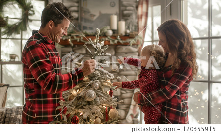 Happy Young Family Wearing Matching Pajamas Decorating the Christmas Tree Together. Generative AI. 120355915