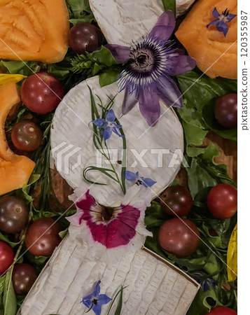 Selection of French cheeses from Normandy, AOP, Livarot, Neufchatel, Pont l'eveque, Rye bread, figs 120355987