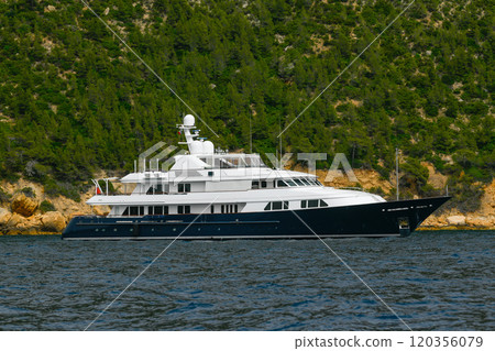 Scenic view of Magnificent luxury yacht and Cap Canaille headland and Cassis in south of France 120356079