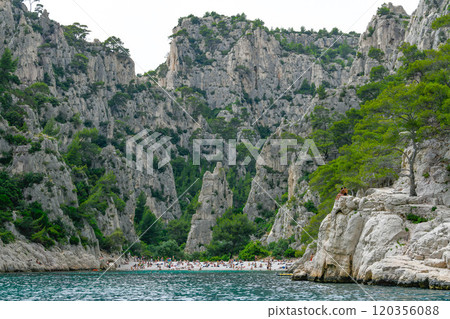 Marseille, France - June 9, 2024 : Calanque of En-Vau on the Coast of Provence, between Cassis and Marseille, France - June 9, 2024 : Calanque of En-Vau on the Coast of Provence, between Cassis and 120356088