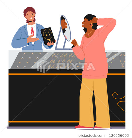 Young woman character choosing golden jewel earring and necklace while shopping at jewelry shop 120356093