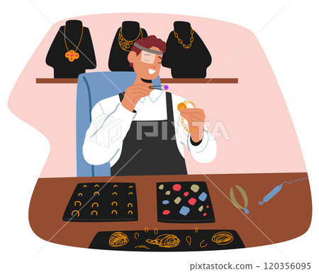 Man artisan making handmade artisan accuracy putting gemstone into golden pendant on chain Man artisan making handmade artisan accuracy putting gemstone into golden pendant on chain 120356095