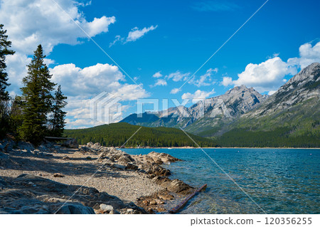 Incredible majestic mountains against the background of the beautiful turquoise Lake Minewanka in Banff National Park in Canada 120356255