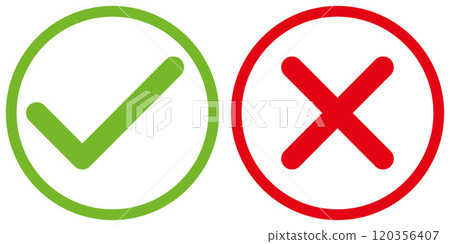 green tick and red x in circle, OK check mark and X cross icon symbol, vector illustration 120356407