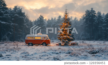 Camper Van by Lit Christmas Tree in Snowy Forest - Camping Road Trip Camper Van by Lit Christmas Tree in Snowy Forest - Camping Road Trip 120356451