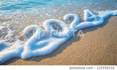 2024 written in sea foam on sandy beach 2024 written in sea foam on sandy beach 120356518