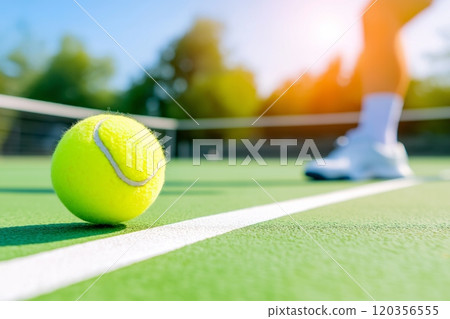 A tennis player stretches on a clean court under a bright, overcast sky before the match begins 120356555
