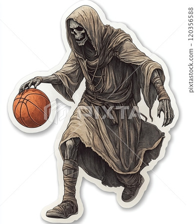 Grim Reaper Playing Basketball Illustration, Halloween sticker isolated on white background Grim Reaper Playing Basketball Illustration, Halloween sticker isolated on white background 120356588
