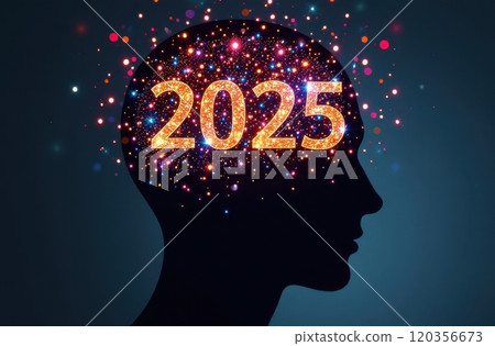 Silhouette of a person with numbers 2025 in his head, New Year's concept 120356673