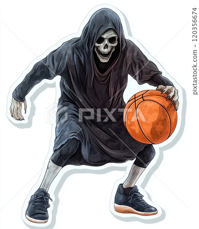 Grim Reaper Playing Basketball Illustration, Halloween sticker isolated on white background 120356674