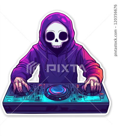 Grim Reaper Skeleton DJ Mixing Music on Turntables - isolated on white background 120356676
