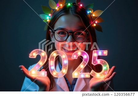 Young woman in white coat with numbers 20205, concept of new year and psychiatry, psychology, mental health 120356677
