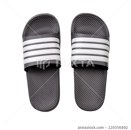 Gray rubber slippers cutout. Pair of slide sandals isolated. 120356892