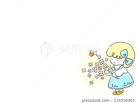 一個穿著淺藍色連身裙的女孩拿著一束鮮花的框架 120356903