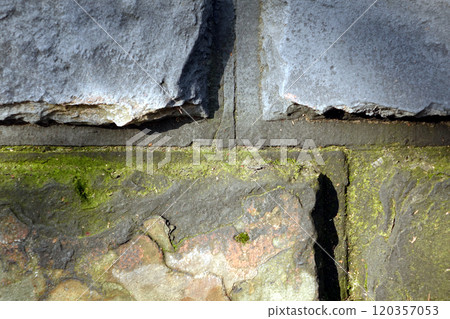 Stone grayish greenish masonry of the outer wall. Seam grooves and moss green 120357053