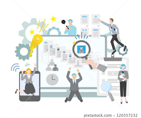 Job hunting - success - employment - men and women searching for work on smartphones and computers - vector simple illustration set Job hunting - success - employment - men and women searching for work on smartphones and computers - vector simple illustration set 120357232
