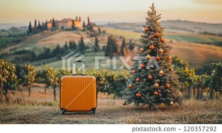 Christmas Tree and Suitcase in Scenic Countryside 120357292