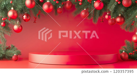 Festive Christmas Scene with Red Ornaments and Pine Branches on Display Stand. Festive Christmas Scene with Red Ornaments and Pine Branches on Display Stand. 120357395