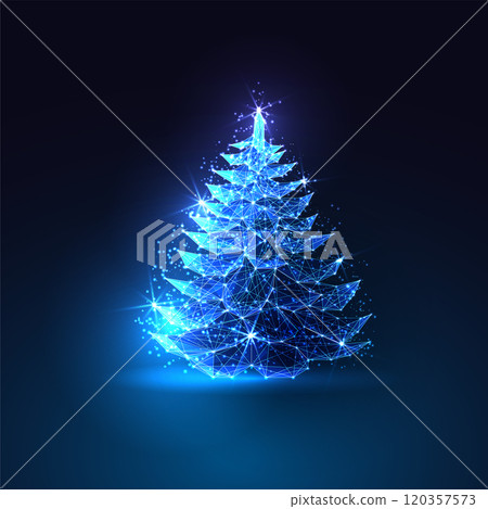 Futuristic glowing Christmas tree made of digital polygonal lines on dark blue background.  120357573