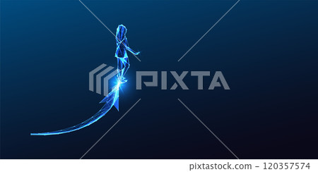 Woman silhouette stands confidently on upward arrow on dark blue background. Progress, empowerment Woman silhouette stands confidently on upward arrow on dark blue background. Progress, empowerment 120357574
