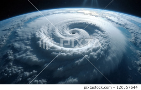 A breathtaking view of a powerful hurricane swirling over the ocean observed from above Earth 120357644