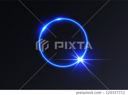 Blue light flare, glowing shiny sparkle, lens flare effect, bright glimmering glare. 120357711