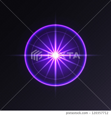 Purple light flare, glowing shiny sparkle, lens flare effect, bright glimmering glare. 120357712
