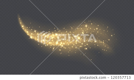 Golden magic cloud with sparkles, stardust sparkling decoration. Glowing glitter smoke trail. 120357713