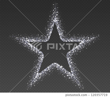 Silver glitter frame, shimmering border in star shape, festive holiday sparkles. Christmas decoration. 120357719