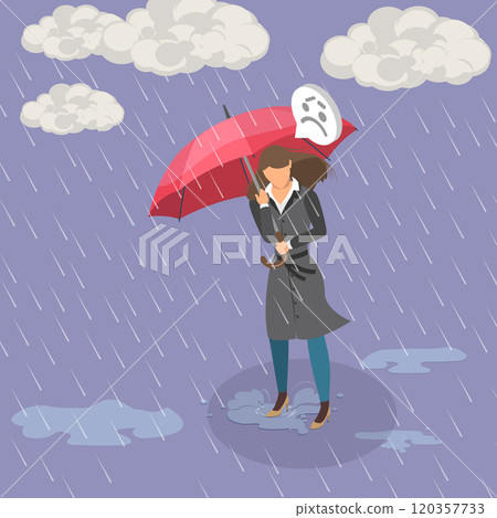 3D Isometric Flat Vector Illustration of Cold Bad Weather, Discontent Young Woman Seeking Refuge Under Umbrella During Rainstorm 3D Isometric Flat Vector Illustration of Cold Bad Weather, Discontent Young Woman Seeking Refuge Under Umbrella During Rainstorm 120357733