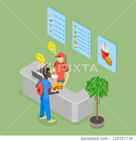 3D Isometric Flat Vector Illustration of Fast Food Cafe, Restaurant Worker with Cash Register 120357734