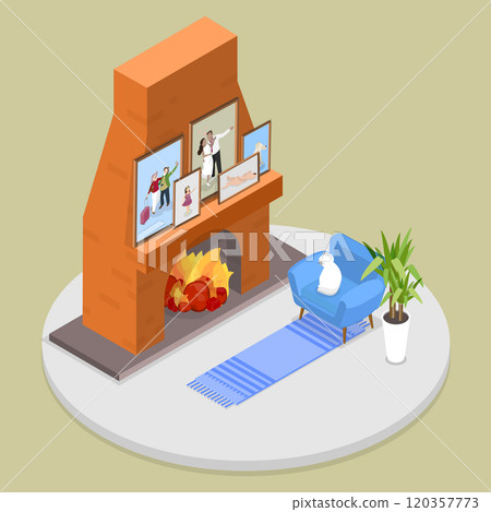 3D Isometric Flat Vector Illustration of Memory Pictures, Cozy and Warm Room Fireside 3D Isometric Flat Vector Illustration of Memory Pictures, Cozy and Warm Room Fireside 120357773