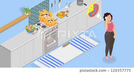 3D Isometric Flat Vector Illustration of Household Trouble, Woman In Kitchen On Phone Unaware Of Fire Starting 120357775