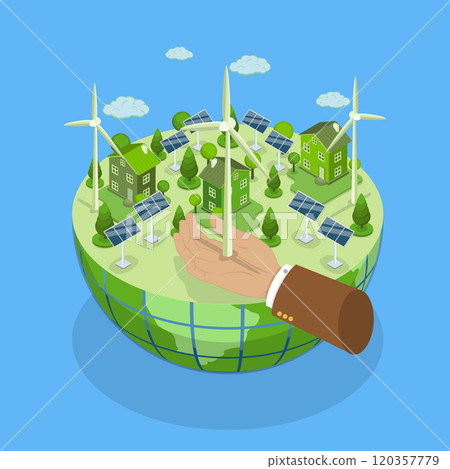 3D Isometric Flat Vector Illustration of Renewable Energy, Innovative Power Generation With Solar Panels And Wind Turbines 120357779