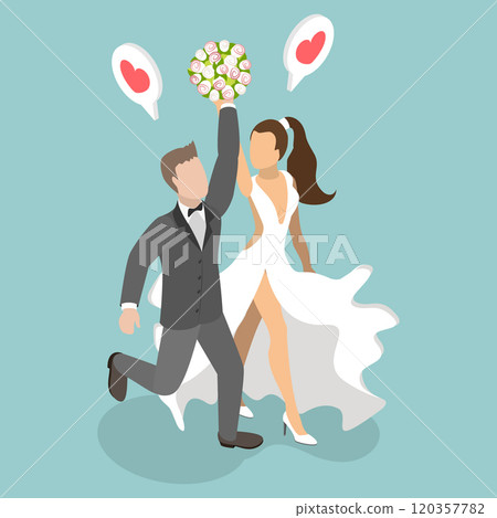 3D Isometric Flat Vector Illustration of Happy Newlywed Couple, Family Celebrates Their Marriage With Joy And Happiness 120357782