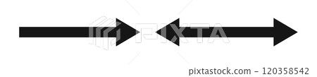 Arrow and double arrow icons. Look here symbols. Black horizontal pointer, direction, location and reverse, two side, width signs isolated on white background. Vector graphic illustration Arrow and double arrow icons. Look here symbols. Black horizontal pointer, direction, location and reverse, two side, width signs isolated on white background. Vector graphic illustration 120358542