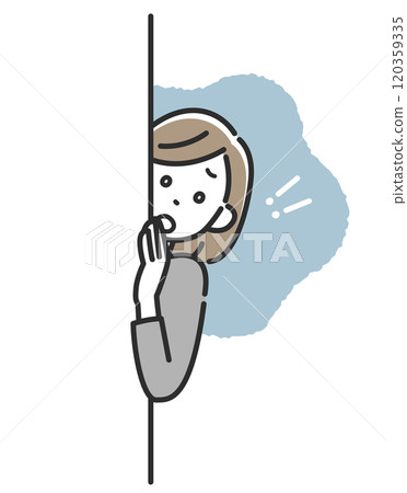 A business woman in a suit peeking out from behind something 120359335