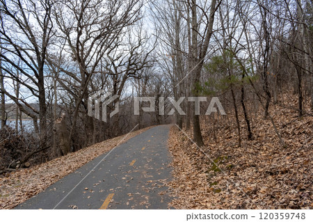 A paved walking path at a local Minnesota park surrounded by grass and trees. 120359748