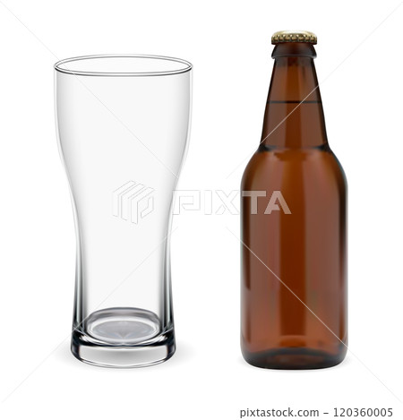 Brown glass beer bottle with transparent beer glass 120360005