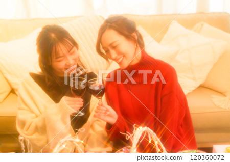 Two women toasting with wine at a home party 120360072