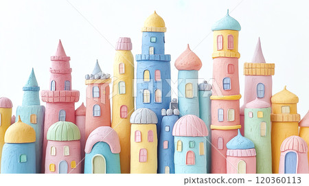白色背景上由黏土製成的一組彩色建築的 3D 插圖 120360113