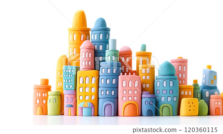 白色背景上由黏土製成的一組彩色建築的 3D 插圖 白色背景上由黏土製成的一組彩色建築的 3D 插圖 120360115