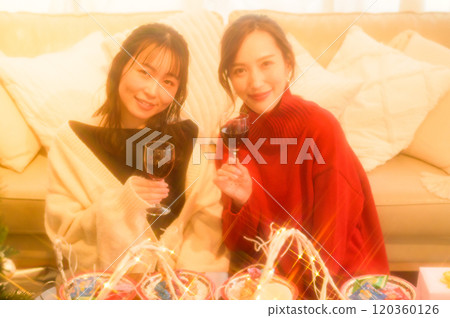 兩個女人在家庭聚會上敬酒 120360126