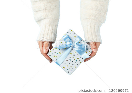 PNG, Gift box, box in hands, isolated on white background. 120360971