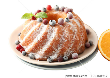 PNG, Christmas cake, cake in a plate, side view, isolated on white background. 120360987