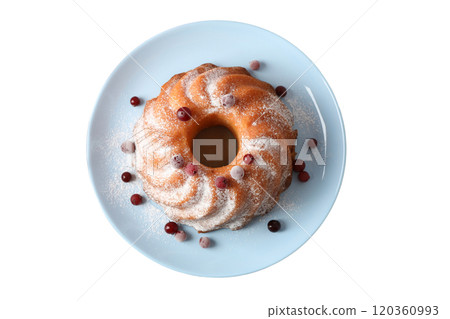 PNG, Christmas cake, cake in a plate, top view, isolated on white background. PNG, Christmas cake, cake in a plate, top view, isolated on white background. 120360993
