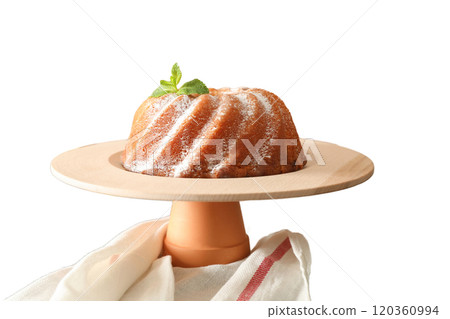 PNG, Christmas cake, cake in a plate, side view, isolated on white background. PNG, Christmas cake, cake in a plate, side view, isolated on white background. 120360994